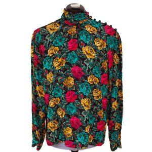 Vintage CARLISLE Womens Size 8 Floral Blouse 100% Silk Long Sleeve Mock Neck